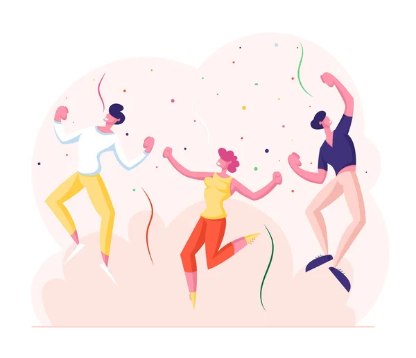 Feliz Fiesta de Jóvenes. Alegres personajes masculinos y femeninos bailan y saltan con las manos arriba — Archivo Imágenes Vectoriales