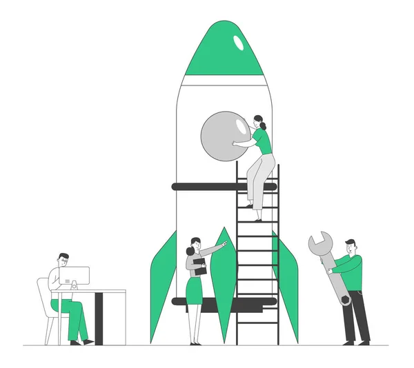 Creative Team Rocket Launch, üzletemberek PC-vel és hatalmas kulcscsomóval Üzleti Projekt indítása. Pénzügyi elképzelés — Stock Vector
