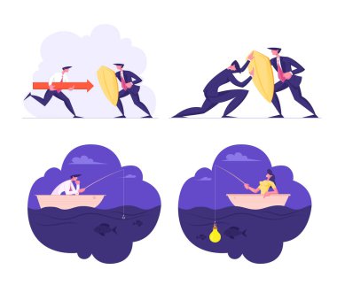 İş Koruma, Meydan Okuma ve Yeni Fikirler Belirlendi. Müdür Karakterleri, Shield ve Arrow 'la savaşıyor. Denizdeki Çubuklarla Tekne Balıkları 'nda oturan iş adamları. Çizgi film Düz Vektör İllüstrasyonu