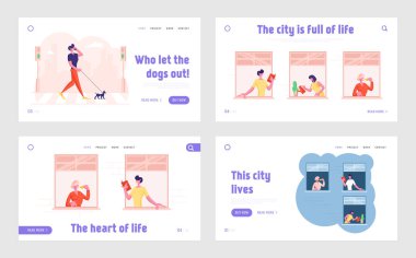 Yaya geçidi, Mahalle Davranışı Sitesi İniş Sayfası Seti. Windows 'taki insanlar çay içer, çiçek sular, kitap okurlar. Comfort City Yaşam Tarzı Web Sayfası Afişi. Çizgi film Düz Vektör İllüstrasyonu