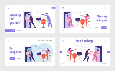 Kovulma, işten çıkarma ve Kariyer Başarısızlığı Sitesi İniş Sayfası Seti. Kadın ve erkek çalışanlar, Ait oldukları İşyerine Giderler. Kızgın Patron, Door Web Sayfası Afişini Gösteriyor. Çizgi film Düz Vektör İllüstrasyonu
