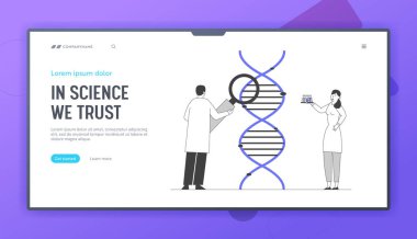 Tıp Teknolojisi Genetik Test Sitesi İniş Sayfası. DNA ile çalışan bilim adamları büyüteçten bakıyor. Laboratuvar Araştırma Web Sayfası Afişi. Çizgi film Düz Vektör İllüstrasyonu, Satır Sanatı