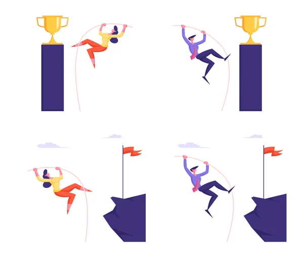 Goal Achievement, Success Challenge and Leadership Set with Male and Female Businessperson Characters Business Competition Pole Jumping to Top with Goblet and Flag. Cartoon Flat Vector Illustration — Stock Vector