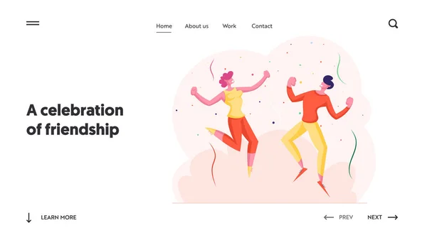 Holiday Celebration Website Landing Page. Happy Friends Celebrating Party. People Dancing and Jumping with Hands Up during Festive Birthday Event Web Page Banner. Cartoon Flat Vector Illustration — Stock Vector