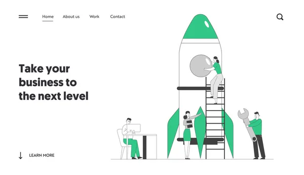 Creative Team Rocket Launch Веб-сайт Landing Page. Бізнесмени запускають бізнес-проект. Бізнес стратегія Успішна реалізація Веб-сторінка Банер Мультфільм Плоска Векторна ілюстрація, Лінія Мистецтво — стоковий вектор