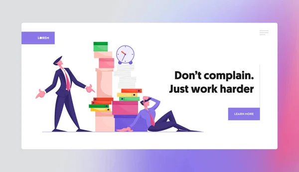 Stress Deadline Situation webbplats Landning sida. Angry Boss Tittar på enorma stacken av ofärdiga pappersdokument, anställd sitter med mycket pappersarbete webbsida Banner. Tecknad platta vektor Illustration — Stock vektor