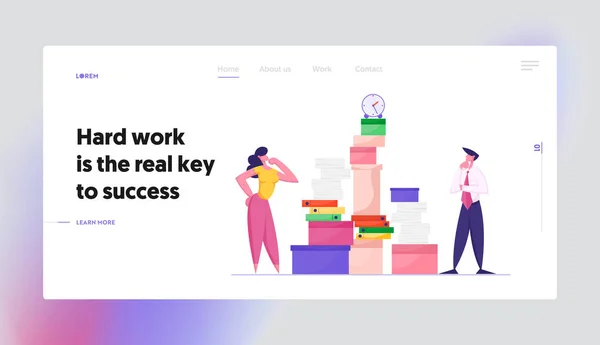Munkavállalók Határidő Stressz Website Landing Page. Üzletasszony és üzletember keres hatalmas rakás papír dokumentumok és mappák óra a felső oldalon banner. Rajzfilm lapos vektor illusztráció — Stock Vector