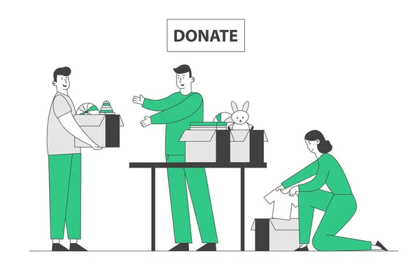 Ung man och kvinna Altruistiska volontärer samla kläder och leksaker till pappkartonger för donation till fattiga hemlösa människor i svåra livssituation. Tecknad Platt vektor Illustration, Linje konst — Stock vektor