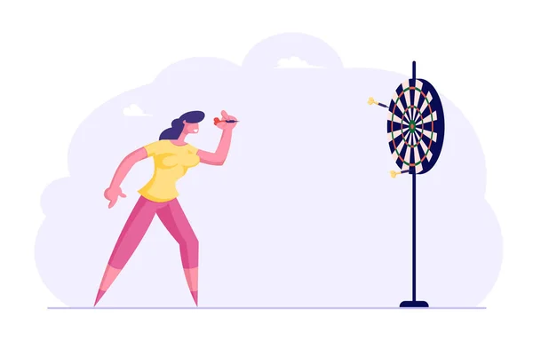 Businesswoman Aiming Darts to Target Trying to Get in Center (dalam bahasa Inggris). Tujuan Bisnis Prestasi, Kegiatan Tujuan Tujuan Tujuan Tujuan Tujuan Tujuan Tantangan, Solusi Tugas, Konsep Strategi Bisnis. Ilustrasi Vektor Flat Kartun - Stok Vektor