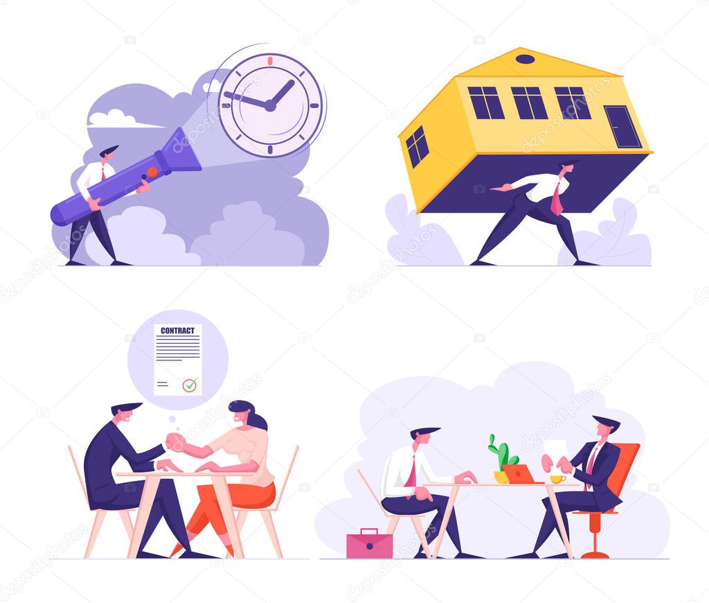 Man Carry Huge House on Back Struggling with Overwhelming Mortgage, Banking Credit or Expensive Rent. Hr Manager and Applicant at Job Interview. Deal Contract, Time Cartoon Flat Vector Illustration