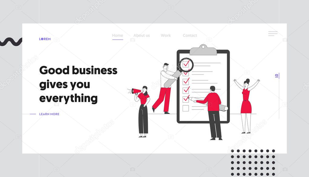 Scheduling Planning and Creative Process Website Landing Page. Business People Stand at Huge Clipboard with Checklist Filling Check Boxes Web Page Banner. Cartoon Flat Vector Illustration, Line Art