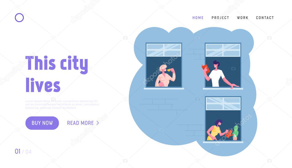 Human Lifestyle Website Landing Page. Outer Wall of House with Different Young and Old People at Windows. Happy Men and Women Look Out of Apartments Web Page Banner. Cartoon Flat Vector Illustration