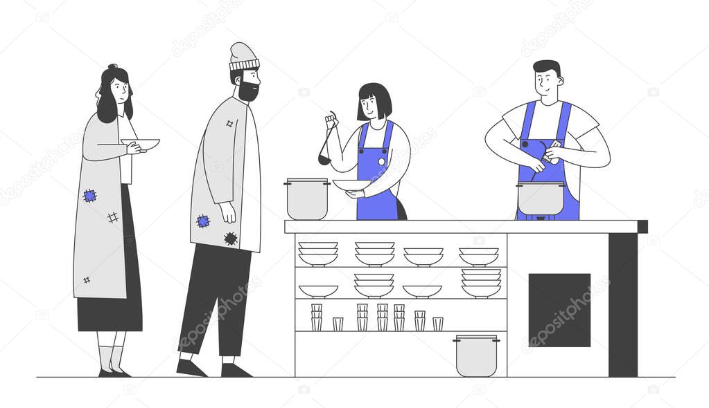 Poor Man and Woman Stand in Queue for Getting Food in Shelter for Homeless, Emergency Housing, Temporary Residence for People, Bums and Beggars Without Home. Cartoon Flat Vector Illustration, Line Art