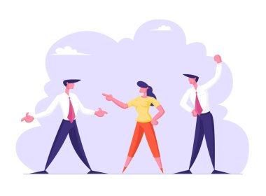 İş Adamları ve İş Kadını Düşmanları ya da Muhalifler Tartışıyor ve Birbirlerine Bakıyorlar. Meslektaşlar ya da ofis çalışanları arasındaki tartışma ya da iş anlaşmazlığı. Liderlik için Savaş Çizgi Filmi Düz Vektör İllüstrasyonu