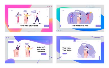 Oylama ya da Siyasi Tartışma Web sitesi İniş Sayfası Seti. Kanunlara uyan vatandaşlar Başkanlık Adayına Oy Verin. Sözcü Web Sayfası Afişini Tartışıyor. Çizgi film Düz Vektör İllüstrasyonu