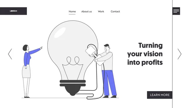 ブレインストーム研究ウェブサイトランディングページ.ビジネスチームクリエイティブアイデアを探すプロジェクトに取り組む。巨大な電球を指す女,プラグウェブページ上の男スイッチ｜バナー漫画フラットベクトルイラスト — ストックベクタ