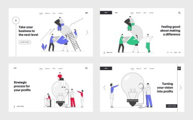 İş Fikri, Takım Çalışması İşbirliği ve Ortaklık Web Sitesi İniş Sayfası Ayarları. İş adamları Turta Çizelgesi Kurun, Dev Ampulü Aç. Çözüm Web Sayfası Afişi. Çizgi film Düz Vektör İllüstrasyonu
