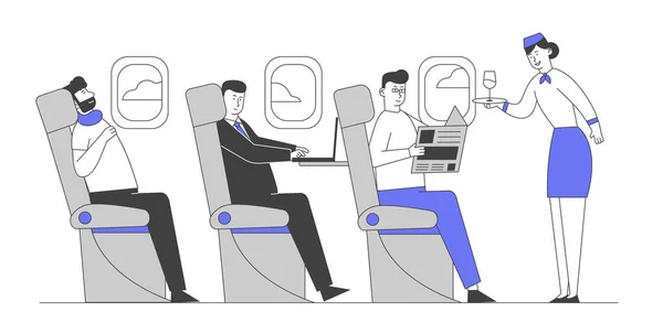 Экипаж самолета и пассажиры в самолете. Стюардесса угощает счастливых людей, сидящих на стульях эконом-класса. Cartoon Flat Vector Illustration, Line Art — стоковый вектор