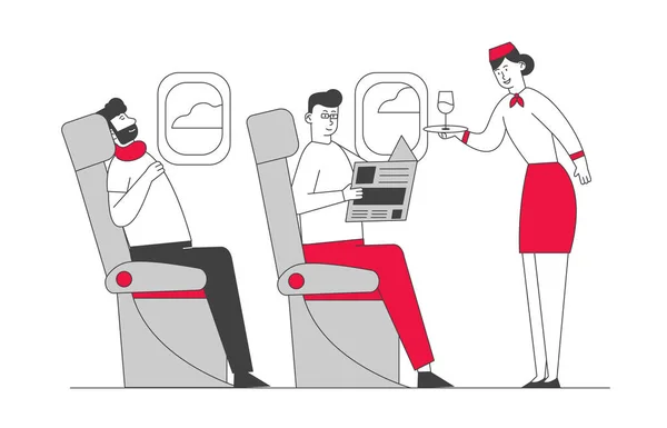 Cabine d'avion avec hôtesse et passagers, repas en classe économique. Femme Hôtesse de l'air avec plateau dans l'allée du Salon Donner à boire à l'homme. Voyage Jet Trip Cartoon Illustration vectorielle plate, Line Art — Image vectorielle