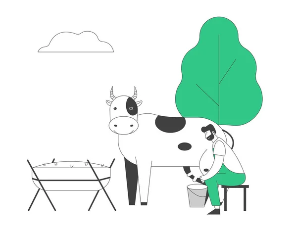 Jonge melkmeisje man in uniform zittend op kruk melken koe naar emmer. Melk en zuivelproducten Landbouw, Landbouw Rancher Werken op Animal Farm. Cartoon Flat Vector Illustratie, Lijnkunst — Stockvector