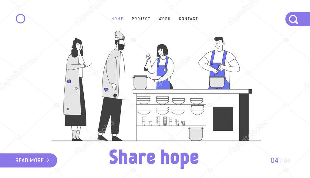 Emergency Housing Website Landing Page. Poor Man and Woman Stand in Queue Get Food in Shelter for Homeless People, Bums and Beggars Without Home Web Page Banner. Cartoon Flat Vector Illustration