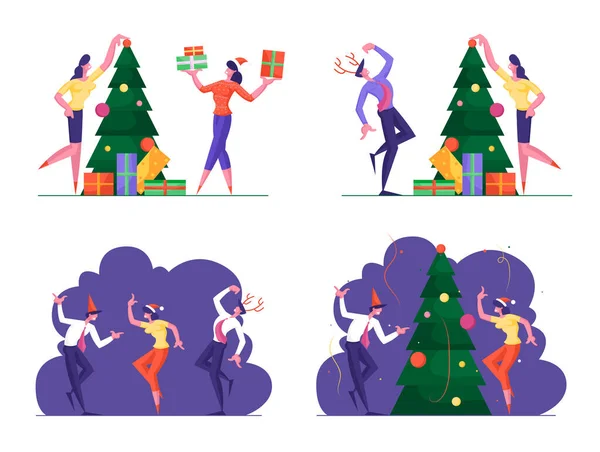 Conjunto de Negocios La gente celebra la fiesta de Navidad en la oficina. Happy Workers bailando en el árbol de Navidad decorado con regalos — Vector de stock