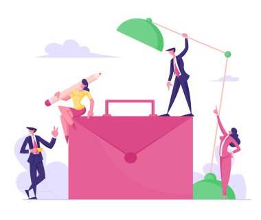 Kurumsal Çalışma ve İletişim Süreci. Büyük Evrak Çantası 'nın Ofis çalışanları. Üstte Kalemle Oturan Kadın