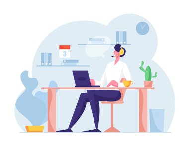 Acil yardım hattı çağrı merkezi. Bilgisayar 'da Kulaklıklı Müşteri Hizmetleri Personeli. Operatör ve İstemci İletişimi