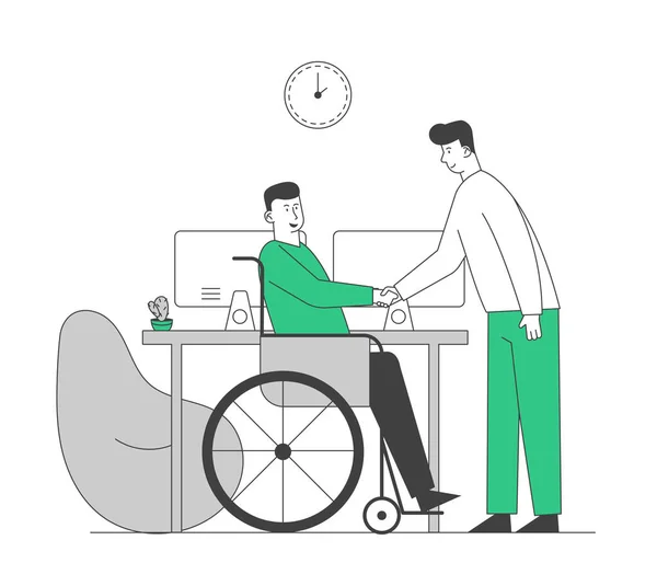 Инвалид в инвалидной коляске пожимает руку партнеру или боссу в офисе, делится творческой идеей и мнением. У физически неполноценного работника неформальная встреча. Мультфильм "Плоский вектор", линейное искусство — стоковый вектор