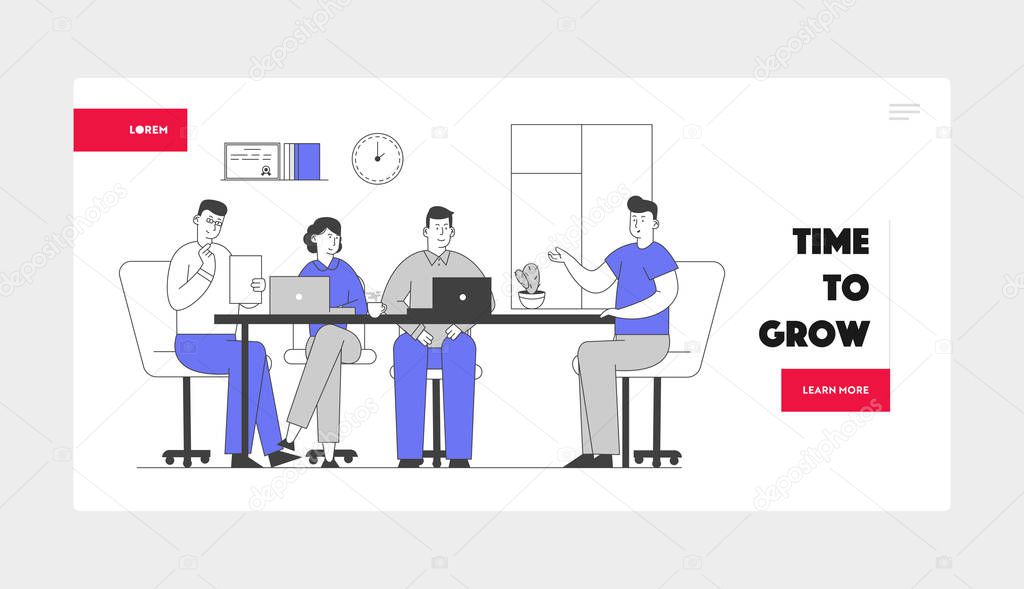 Job Interview with Selection Committee Website Landing Page. Manager Ask Question to Applicant About Work History Skill Expertise Experience Web Page Banner. Cartoon Flat Vector Illustration, Line Art