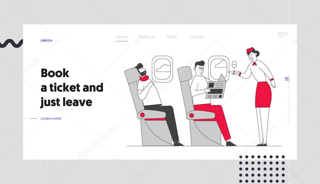 Stewardess and Passenger in Cabin of Plane Website Landing Page. Air Hostess with Tray in Aisle of Salon Give Drink to Man. Journey Jet Trip Web Page Banner. Cartoon Flat Vector Illustration, Line Art