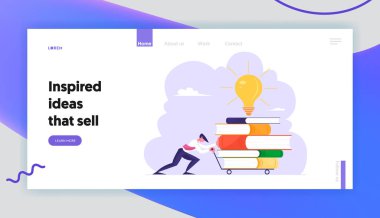 Yaratıcı Fikir Sitesi İniş Sayfası Geliştiriliyor. Koca Kitap Bifteği ve Parlayan Ampulle Trolley İten Adam. İşadamı Eğitim Kazanma Web Sayfası Afişi. Çizgi film Düz Vektör İllüstrasyonu