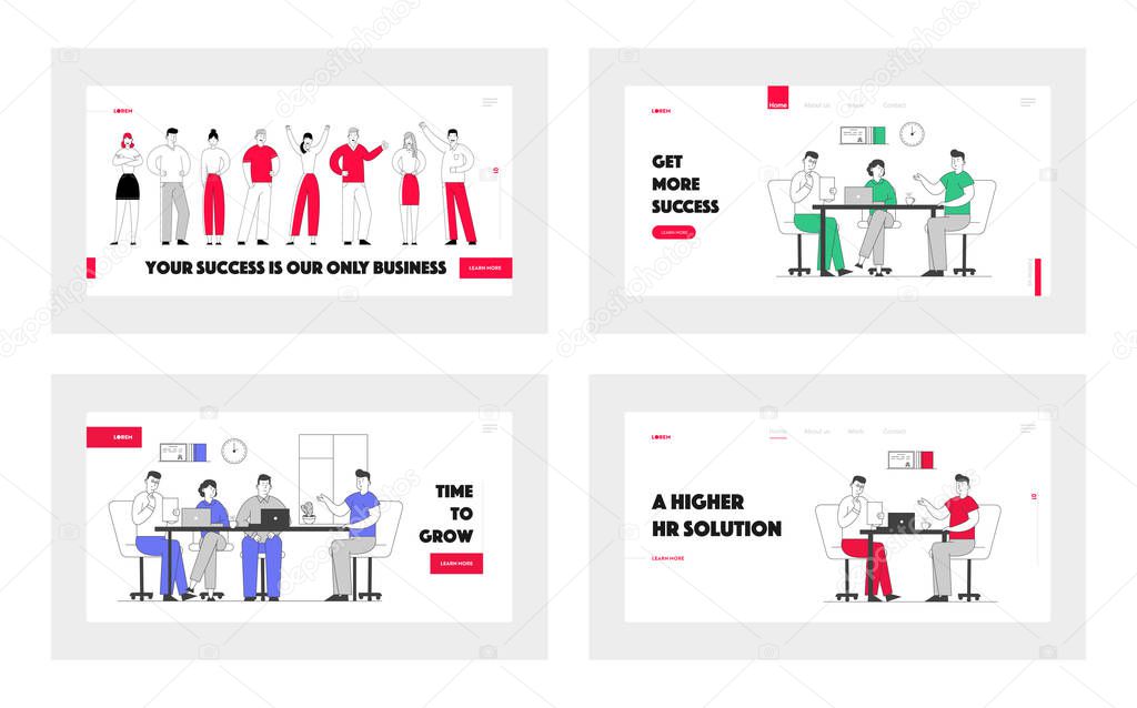 Applicants on Job Interview Website Landing Page Set. Businesspeople Listen Candidates. Good First Impression, Introduction with New Worker Web Page Banner. Cartoon Flat Vector Illustration, Line Art