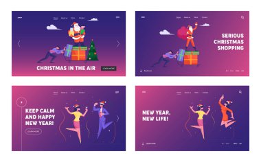Şirket Partisi Web Sitesi İniş Sayfası Set. Web Sayfası Afişi. İş adamı Trolley 'i Santa Holding Torbası' yla Sunumlar ve El sallama ile itti. İş Meslektaşları Dans Çizgi Filmi Düz Vektör İllüstrasyonu