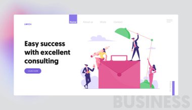 Şirket Çalışma ve İletişim Web Sitesi İniş Sayfası. İçinde kalem, lamba ve kahve olan Büyük Evrak Çantası 'nın çalışanları. Bayan Patron Web Sayfası Banner 'ı yönetiyor. Çizgi film Düz Vektör İllüstrasyonu