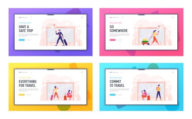 Otobüs Durağı Web Sitesi İniş Sayfası Seti 'ndeki İnsanlar. Toplu taşıma platformunda bekleyen erkekler ve kadınlar. Yurtdışına Seyahat Eden Turistler, Şehir Web Sayfasında Yurttaş Yürüyüşü. Çizgi film Düz Vektör İllüstrasyonu