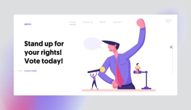 Siyasi Konferans İniş Brifingi Web sitesi İniş Sayfası. Rostrum 'daki İşadamı Mikrofonla Konuşuyor. Tribune Sahnesindeki Adam Web Sayfası Sancağını Tartışıyor. Çizgi film Düz Vektör İllüstrasyonu