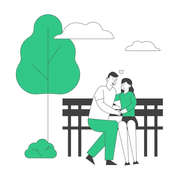Νεαρό ερωτευμένο ζευγάρι που αγκαλιάζεται καθισμένος στο Bench στο City Park. Ρομαντικές σχέσεις, αγάπη, καλοκαιρινές διακοπές. Έξω καλοκαίρι ελεύθερος χρόνος. Άντρας κρατώντας το χέρι της γυναίκας. Κινούμενο σχέδιο επίπεδη διανυσματική απεικόνιση, γραμμή τέχνης — Διανυσματικό Αρχείο