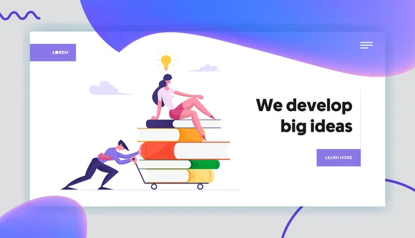 Office People Study website Бізнесмен Pushing Heavy Trolley with Heap of Books and Businesswoman Sitting on Top with Light Bulb in Head Web Page Banner Cartoon Flat Vector Illustration — стоковий вектор