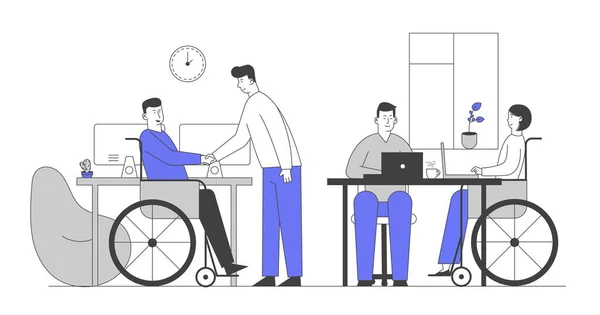 Personnes handicapées travaillant au bureau. Homme handicapé serrant la main d'un collègue sur le lieu de travail. Femme d'affaires assise en fauteuil roulant Travailler à l'ordinateur portable avec partenaire dessin animé plat vectoriel Illustration, Line Art — Image vectorielle