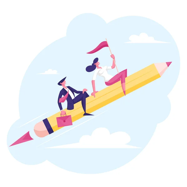 Een paar Cheerful Business Man en Vrouw karakters vliegen op Enorme Pen als op Rocket met rode vlag in handen. Office Routine, Werknemers Career Boost, Start-up Project. Cartoon Flat Vector Illustratie — Stockvector