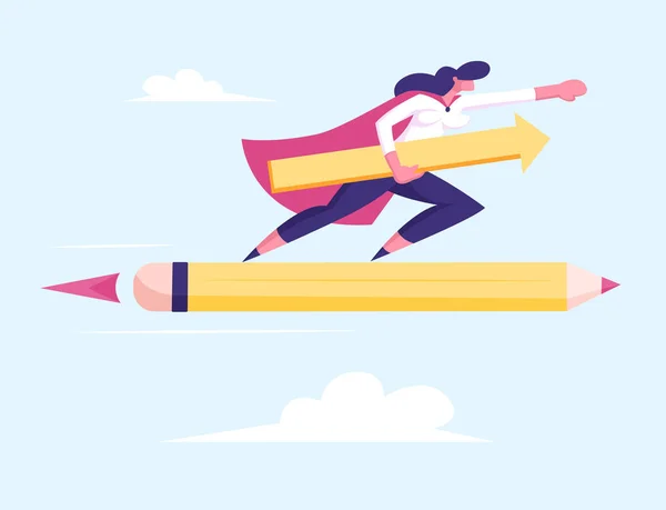 Supereroina in Red Cloak Super Employee Girl con Freccia in Mano Volando su Enorme Penna Rocket tra le Nuvole in Cielo. Business Success Leadership Professionalità Concetto Cartoon Flat Vector Illustrazione — Vettoriale Stock