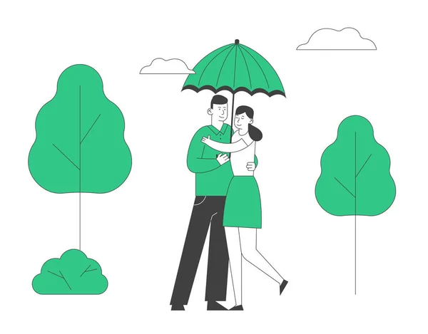 Amour, relations romantiques. Homme et femme Sortir ensemble, Aimer couple heureux étreindre et marcher sous le parapluie dans le parc par temps pluvieux. Promenade du jour d'automne ensemble. Illustration vectorielle plate de bande dessinée, art linéaire — Image vectorielle