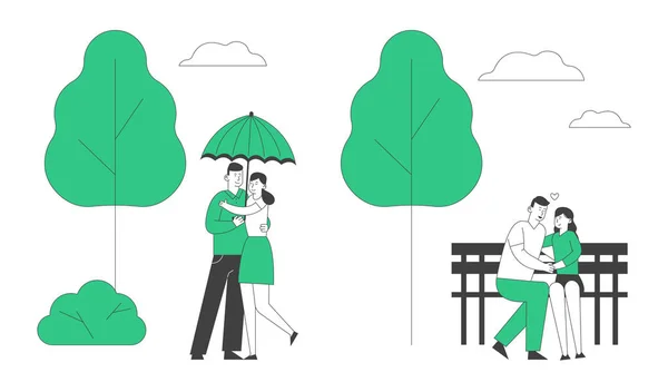 爱的夫妻抽出时间。 恋爱中的年轻人在雨中一起度过时光，男人和女人在雨伞下散步，拥抱和亲吻在长椅上。 卡通平面矢量图解、线条艺术 — 图库矢量图片