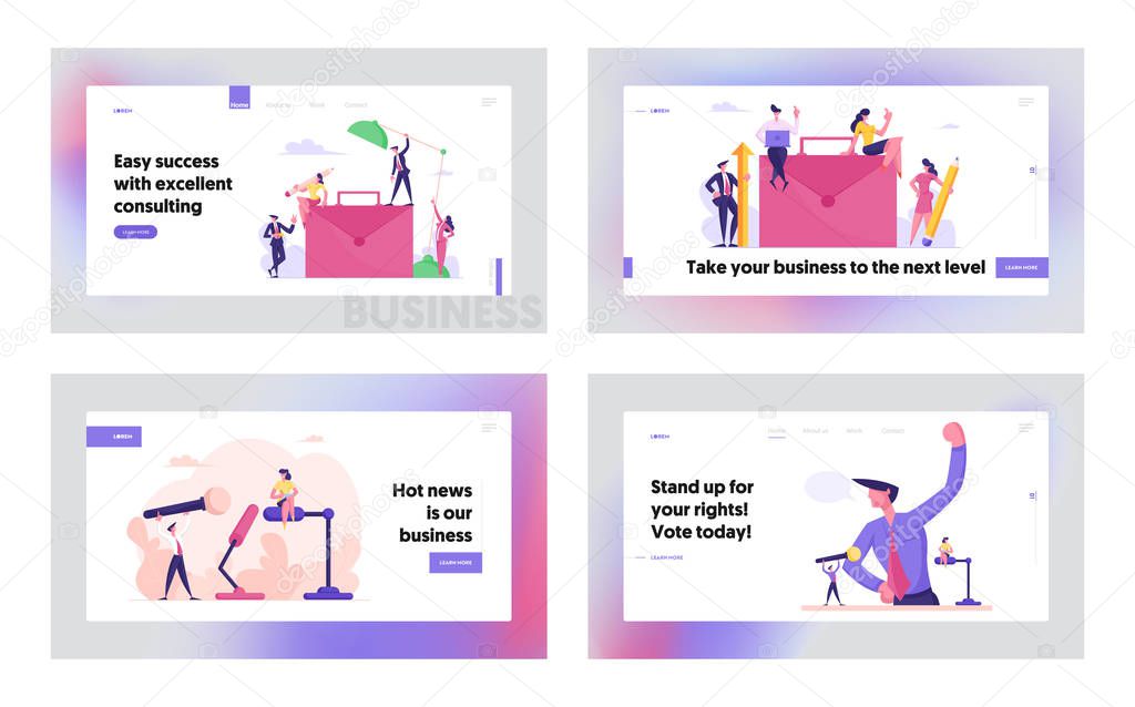 Public Relation, Communication, Business Project Website Landing Page Set. People Working and Developing Startup, Discussion or Presidential Election Web Page Banner. Cartoon Flat Vector Illustration