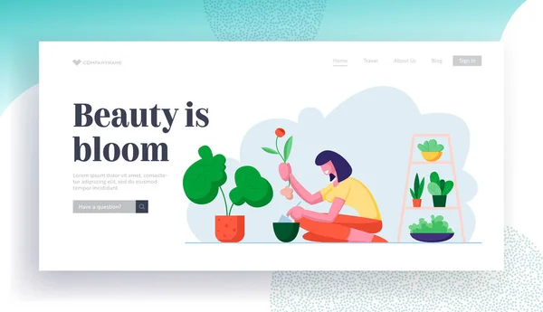 Botanist Care of Houseplant and Grow Herbs Website Landing Page (en inglés). Mujer joven plantando flor a maceta en hermoso invernadero. Home Jardinería Hobby Web Page Banner. Dibujos animados plana Vector Ilustración — Vector de stock