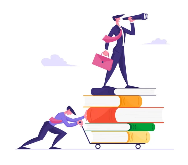 Путь к успеху, бизнес-видение и концепция образования. Бизнесмен толкает тележку с огромной грудой книг — стоковый вектор