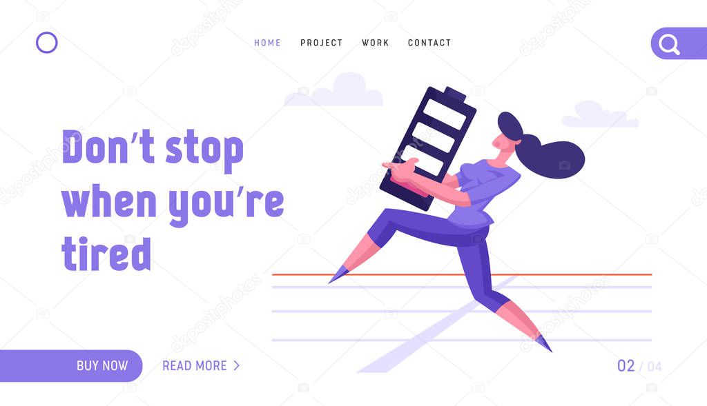 Business Race from the Last Forces Website Landing Page. Exhausted Businesswoman Running on Stadium with Huge Battery with Red Low Energy Indicator Web Page Banner. Cartoon Flat Vector Illustration