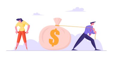 İşadamı Dolarlarla Büyük Çuval Çekiyor, İş Kadını Parasız Boş Ceplere Dönüyor. Sahtekar Rob Güvenilir Kadın. İflas, İşsizlik, Ekonomi Krizi Çizgi Film Düzey Vektör İllüstrasyonu