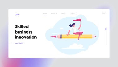 İş Yarışması, Liderlik, Yaratıcı Fikir Projesi Web Sitesi İniş Sayfası. Başarı için Büyük Kalem Roketinde Kızıl Bayrak Dalgalanan İşkadını Web Sayfası Afişi. Çizgi film Düz Vektör İllüstrasyonu